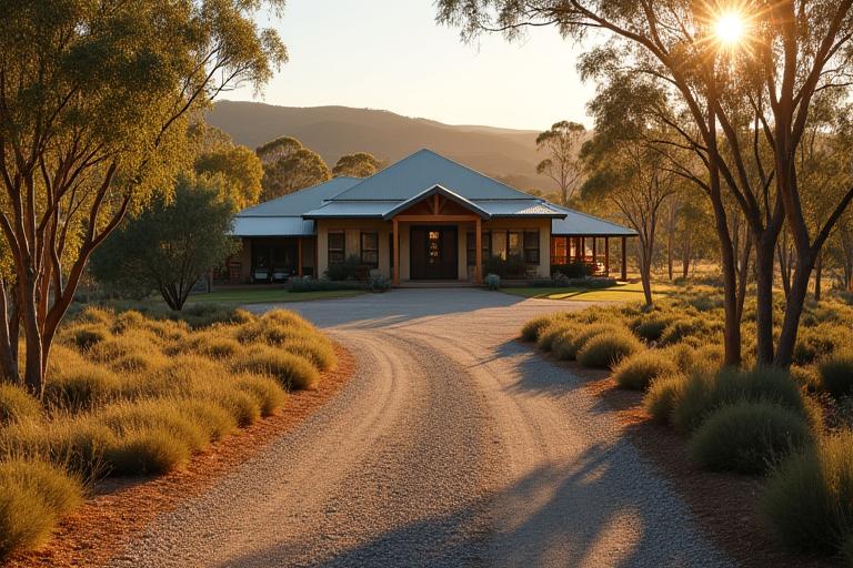 Rural property blending into the Australian bushland, with native trees and shrubs