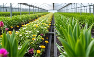 Rows of healthy native Australian plants in a nursery setting